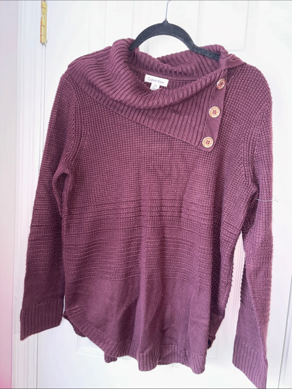 Calvin Klein Women's Plum Asymmetrical Cowl Neck Sweater with Button Detail